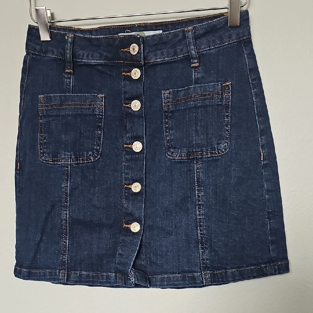 I & M Jeans Button Front Mini  Blue Denim Jean Stretch Skirt No Slit Medium